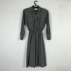 Vintage 80s John Richard Dress‎ Size S Gray Striped Long Sleeve Cotton Blend